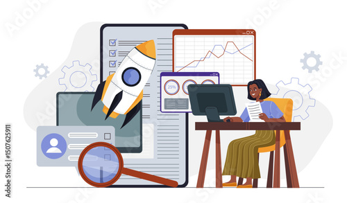 Website promotion online. Woman promote webpage on internet. Marketing and advertising. SEO specialist optimizes website for search engines. Flat vector illustration