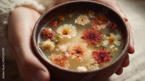 Delicate dried flowers floating in warm herbal tea cup held in hands