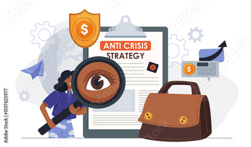 Anti crisis strategy concept. Woman with magnifying glass near briefcase and notepad. Business and entrepreneurship. Marketing and communication. Flat vector illustration