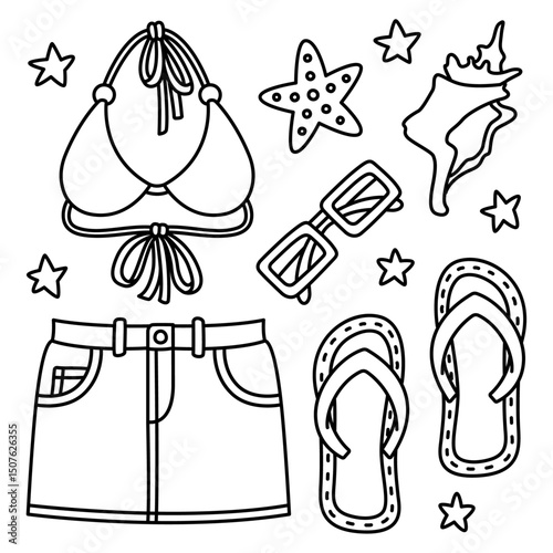 Bold easy coloring page featuring a kawaii and comfy summer outfit with bikini, flip-flops, sunglasses, skirt, seashell, and starfish. Perfect for beach vibes, kids crafts, and vacation-themed fun.