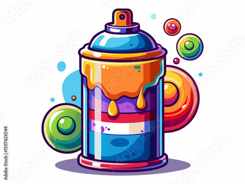 A vector illustration of a spray paint can with colorful cap and mist nozzle, isolated on a white background