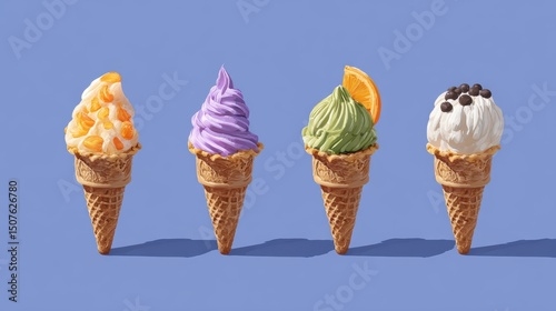 Four colorful ice cream cones with unique flavors on blue background