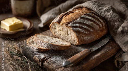 Rustic loaf of sourdough bread with knife and butter on wooden board