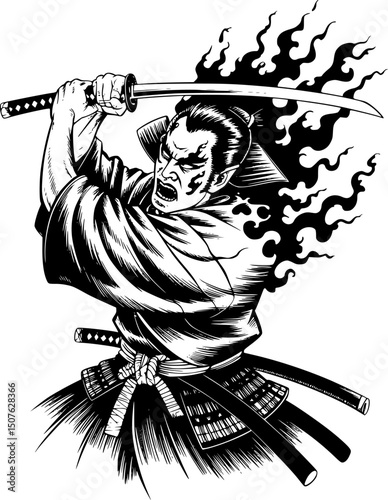 Black and White Ukiyo-e Style Samurai with Katana and Black Flames – Japanese Folklore Illustration Vector