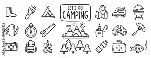 camping equipment doodle hand drawn icon set. Outline drawing camping tourism line clipart symbol collection. Local travel adventure 