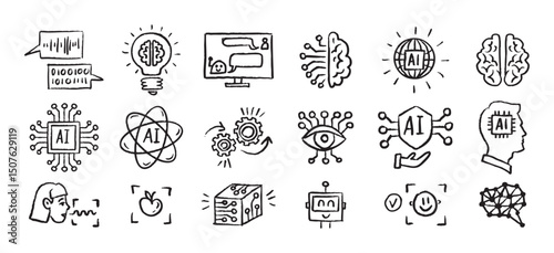 Artificial Intelligence Icons grunge chalk hand drawn doodle Brush set. Outline AI drawing crayon 