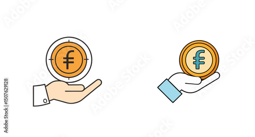 Hand holding a coin with franc symbol and another coin in hand  