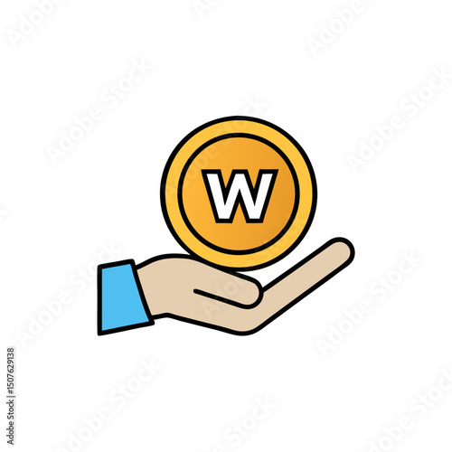Hand holding a coin with a 'W' symbol in flat design style  