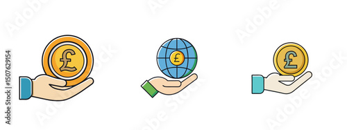 Hand holding coins with pound symbol and a globe illustration  