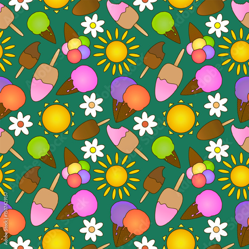 Seamless summer pattern with cartoon illustration of ice cream in waffle cone and on stick, sun and daisy flowers on green background. For Summertime design, or National Ice Cream Day celebration.