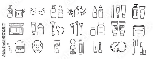 make up beauty doodle hand drawn icon set. Outline drawing cosmetics line clipart symbol