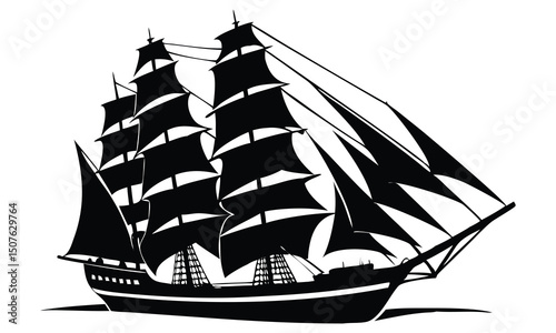 Old tall sailing ship or pirate frigate silhouette on a white background, a nautical travel vector illustration