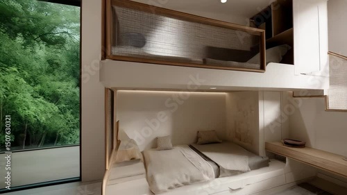 Interior view of modern bedroom with built-in bunk beds, study area, and stairwell with light color palette and minimal decor to maximize space.