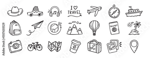 travel doodle hand drawn icon set. Outline drawing travel tourism line clipart symbols