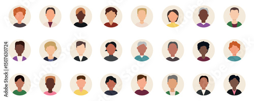 Set of man persons, avatars, people heads of different ethnicity and ages in flat minimal style.