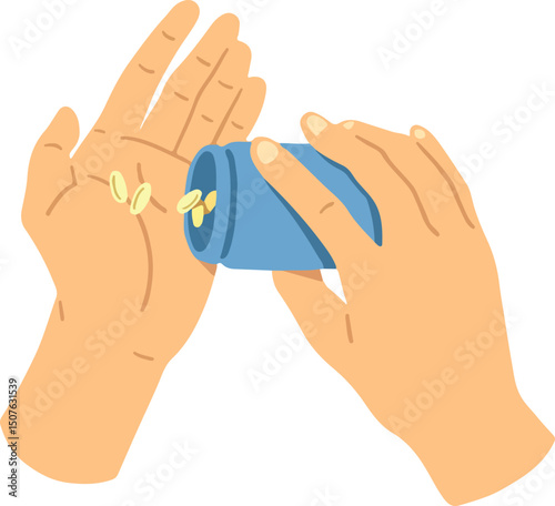 Hands dispensing pills or capsules from a bottle into a palm, representing medication, health supplements, or dosage. Ideal for medical, pharmaceutical, health, and wellness concepts.