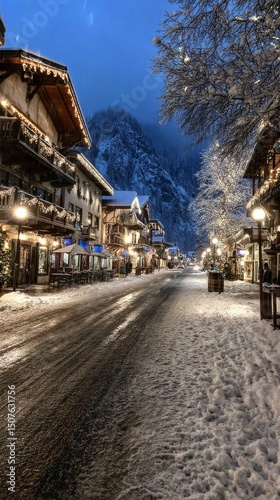 Wallpaper Mural Winter Evening in a Snow-Covered Village With Charming Street Lights and Majestic Mountains Torontodigital.ca