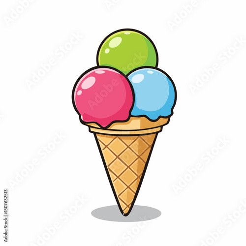 A colorful ice cream cone with three scoops of different flavors in a waffle cone