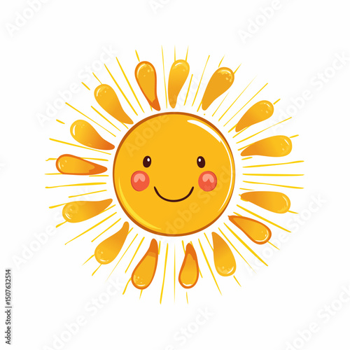 Illustration of a cheerful sun with rosy cheeks and radiant yellow beams around