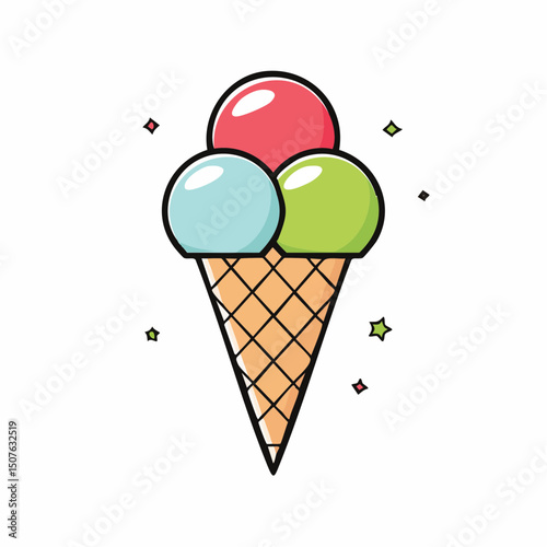 A delightful ice cream cone with three scoops of different flavors and sprinkles