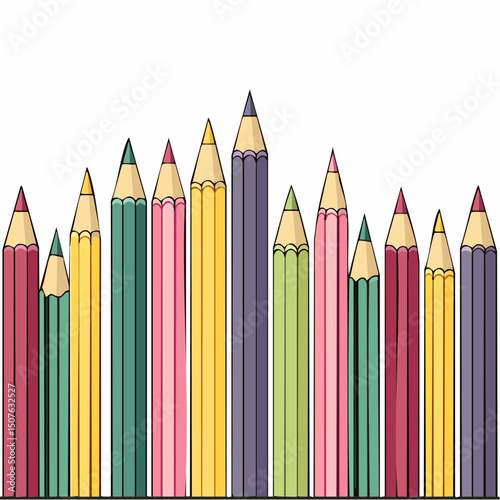 Assorted colored pencils arranged in a row with varying heights and colors