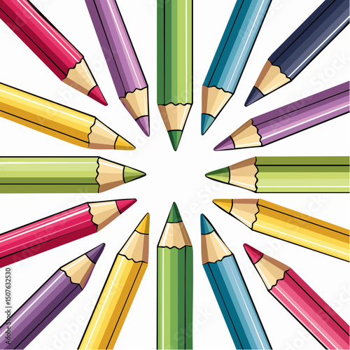 Arrangement of colorful pencils pointing inward forming a circular pattern design