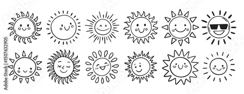 Cute kids sun doodle hand drawn icon set. Outline drawing funny happy smile suns cartoon characters line clipart symbol collection
