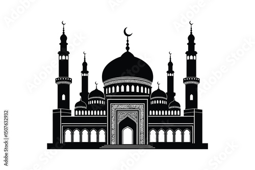 Elegant mosque silhouette vector in black and white, featuring Islamic architecture with domes and minarets. Perfect for religious themes, Eid celebrations, Ramadan and Islamic art photo