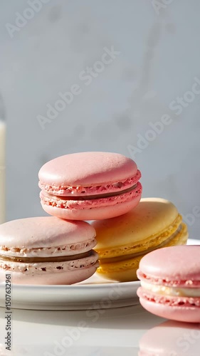 An artistic display of assorted colorful French macarons in a bright, natural light setting, ideal for bakery marketing, food blogs, or elegant culinary presentations