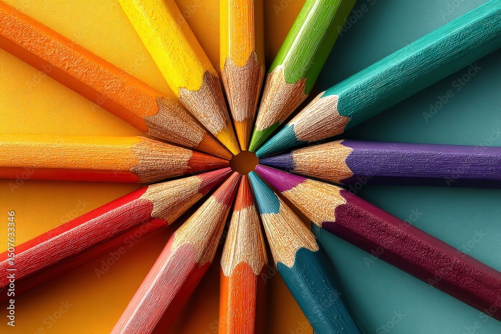 Naklejka premium Colorful Pencils Arranged in a Circular Pattern on a Yellow Background