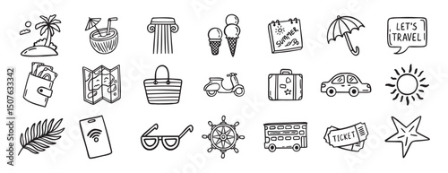 travel doodle hand drawn icon set. Outline drawing travel tourism line clipart symbols