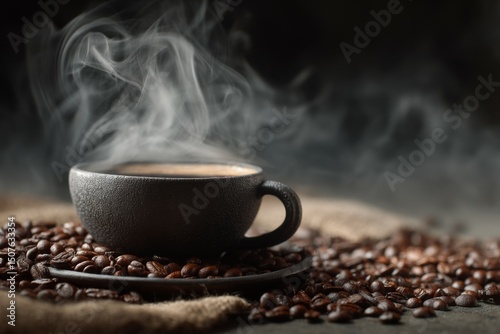 Steaming Coffee Cup Resting on Roasted Coffee Beans Against a Dark Backdrop