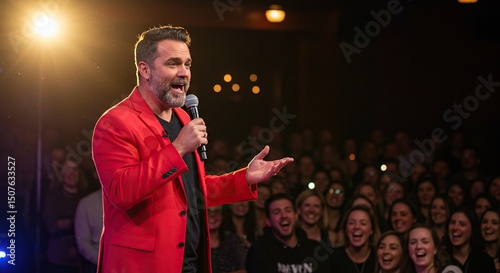 Stand up comedy show live performance comedian on stage with microphone and audience laughing event