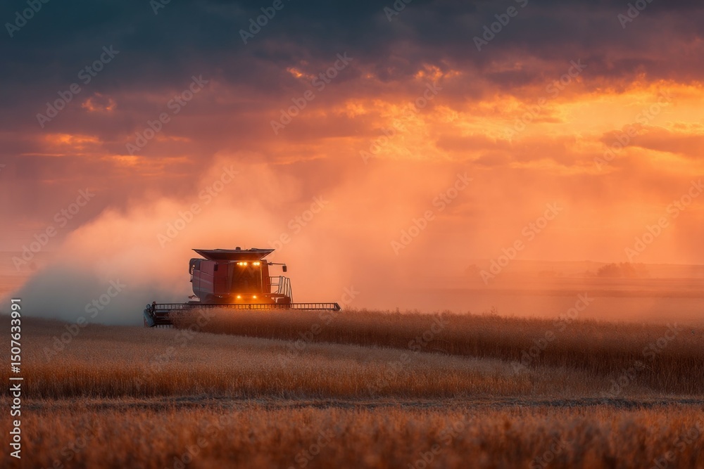Fototapeta premium Combine Harvester Working in Grain Field at Dusk During Harvest