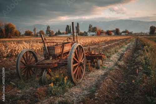 Dilapidated vintage farm tractor in a tilled agricultural field with farm buildings in the distance