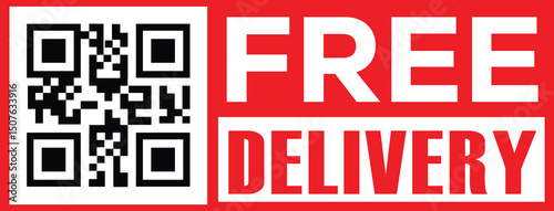 Vibrant red banner with bold white sans-serif text "FREE" above "DELIVERY," stacked vertically. Black-and-white QR code in upper left quadrant. Modern minimalist design, high contrast, clean lines.