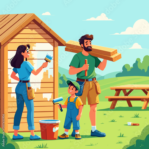 Family painting wooden shed outdoors on sunny day