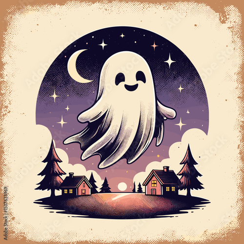 Smiling ghost floating over village at night in vintage style