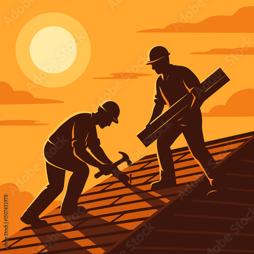 Two workers roofing at sunset in silhouette illustration