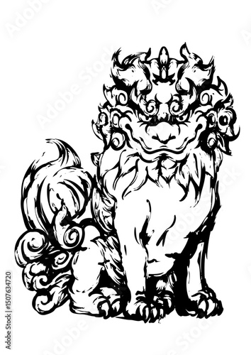 Guardian Komainu - Japanese Shrine Lion Dog in Ink	