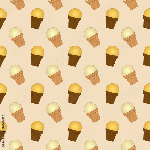 Seamless summer pattern with illustration of ice cream waffle cups in calm, soft tones on a beige background. For Summertime, food, dessert, refreshing design, or National Ice Cream Day celebration.