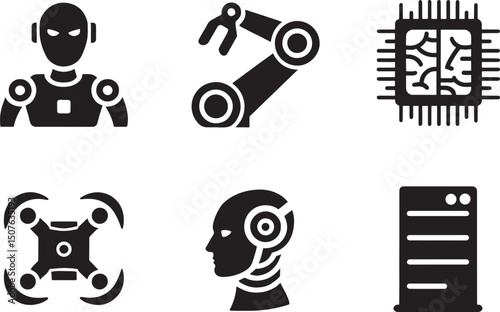 AI and Machine Learning Icons on Black Background for Technology, Data Science, and Future Innovation Projects