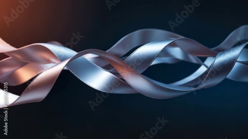 Abstract silver and blue ribbons twisted in dynamic motion