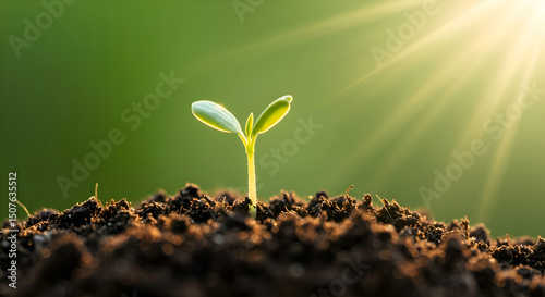 New Life Begins: Green Sprout Seedling Growing in Rich Soil with Golden Sunlight. Hope, Growth, and Future Concept