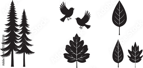 Silhouette Illustration of Evergreen Trees, Birds, and Leaves on Black Background for Nature-Themed Designs and Creative Projects