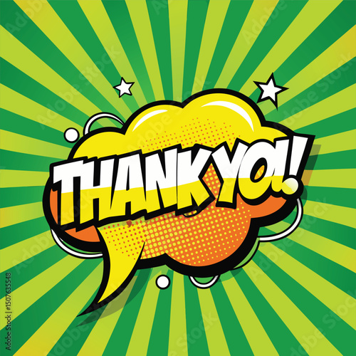 Vibrant Comic Book Style Thank You Message with Burst Background Featuring Bold Typography Speech Bubble and Star Accents for Expressive Gratitude and Visual Appeal