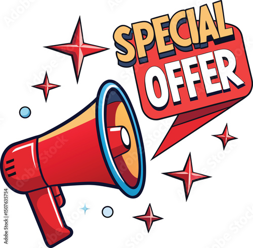 Eye Catching Special Offer Announcement with a megaphone and stars perfect for advertising promotions and sales campaigns to grab attention and boost customer engagement