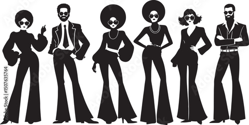 Silhouette Style Group of People in 1970s Attire on Black Backdrop for Design Projects and Creative Compositions