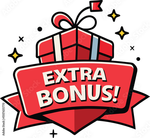 Eye catching extra bonus vector illustration featuring a gift box with a ribbon banner perfect for promotional materials and marketing campaigns to attract customers and drive sales