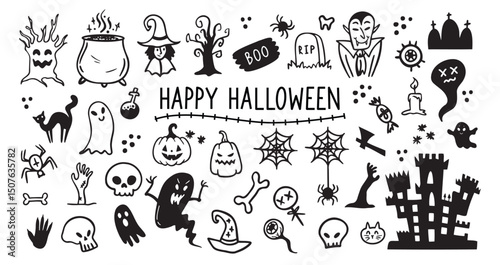 Halloween doodles black and white drawing set. Happy halloween doodle elements Design for prints, decoration of postcards and posters, stickers, sublimation